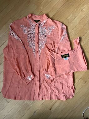 Bob Mackie ✨ Wearable art 100% SILK Salmon embroidered blouse set
